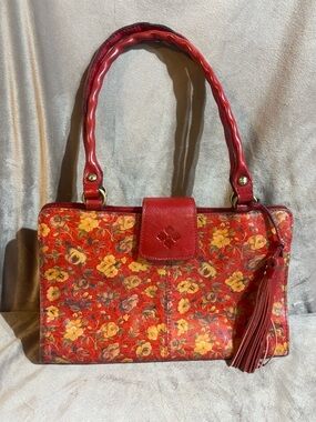 Patricia Nash Rienzo Satchel Red Floral Leather Shoulder Bag with Tassel